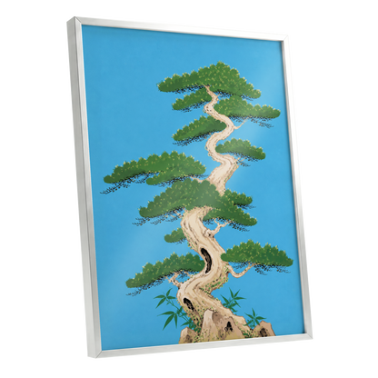 The Winding Pine, blue, green, beige nature wall art shown as a silver framed poster wall art print