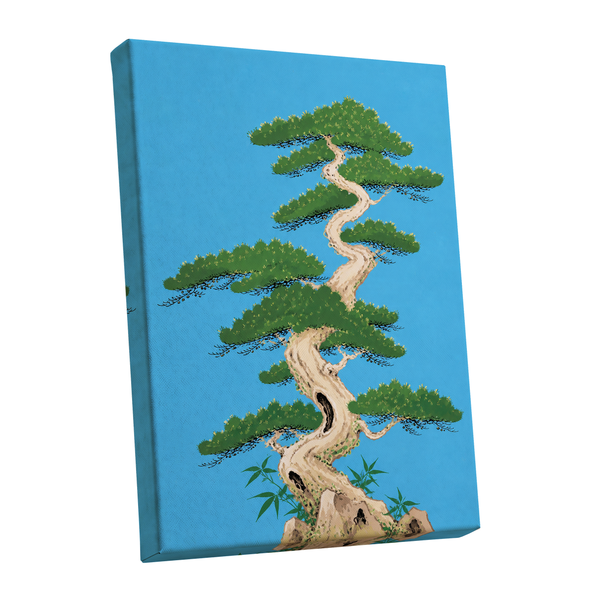 The Winding Pine, blue, green, beige nature wall art shown as a stretched canvas wall art
