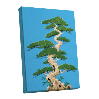 The Winding Pine, blue, green, beige nature wall art shown as a stretched canvas wall art