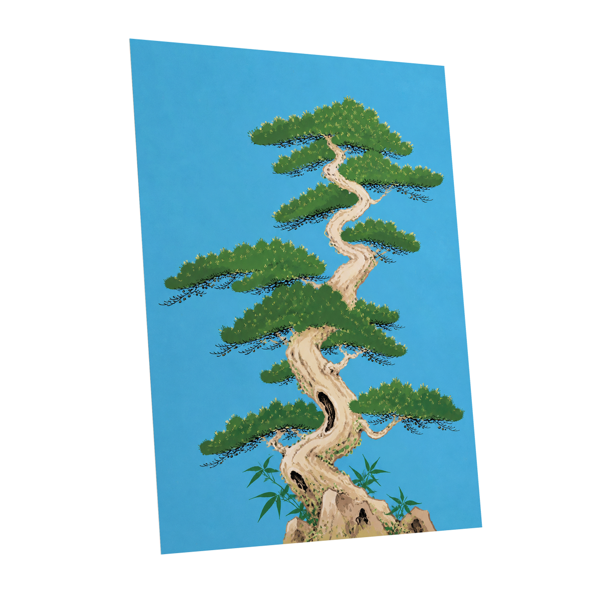 The Winding Pine, blue, green, beige nature wall art shown as a unframed poster wall art print