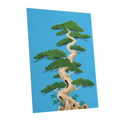 The Winding Pine, blue, green, beige nature wall art shown as a unframed poster wall art print