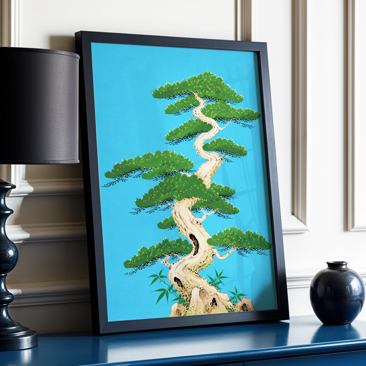 The Winding Pine, blue, green, beige nature wall art displayed in a styled interior, gallery view 2