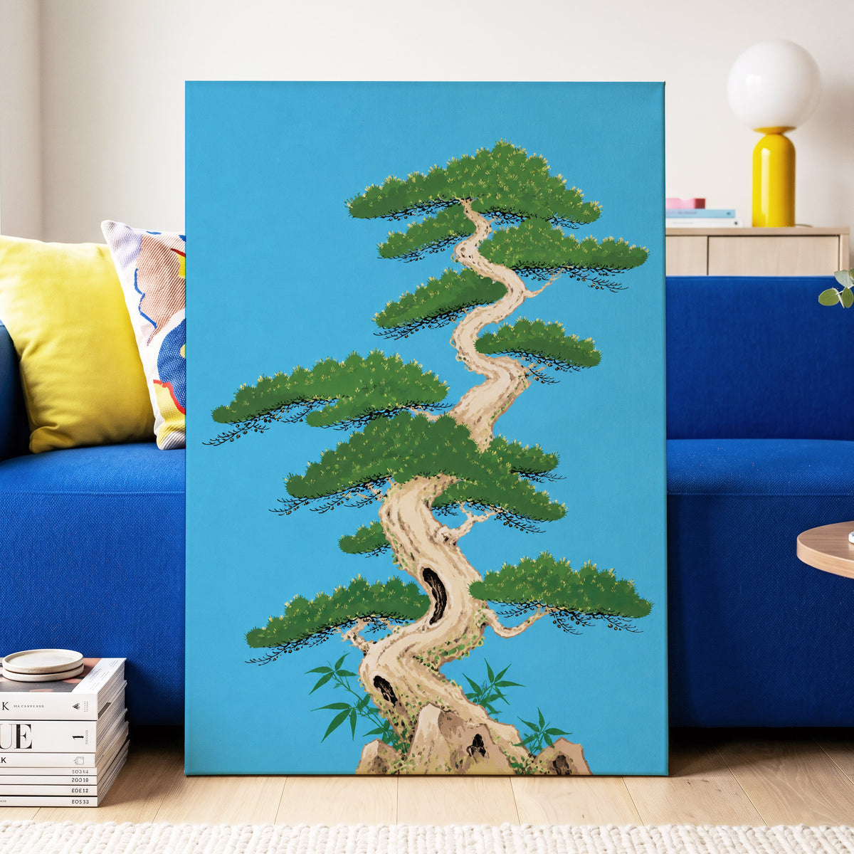 The Winding Pine, blue, green, beige nature wall art displayed in a styled interior, gallery view 3