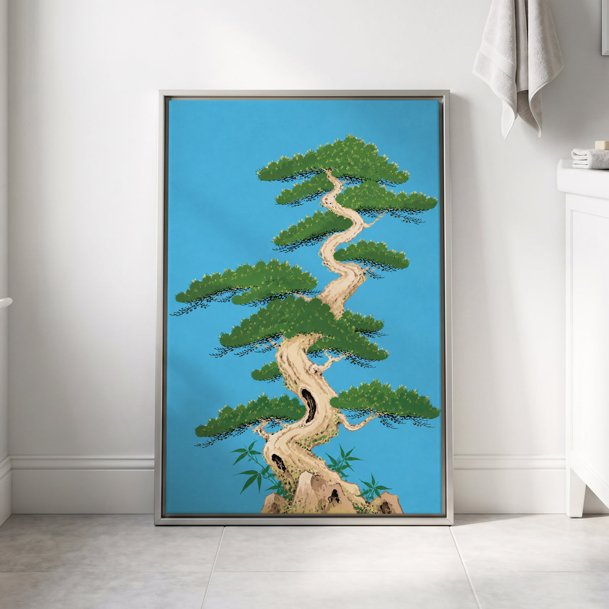 The Winding Pine, blue, green, beige nature wall art displayed in a styled interior, gallery view 4