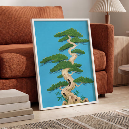 The Winding Pine, blue, green, beige nature wall art displayed in a styled interior, gallery view 6