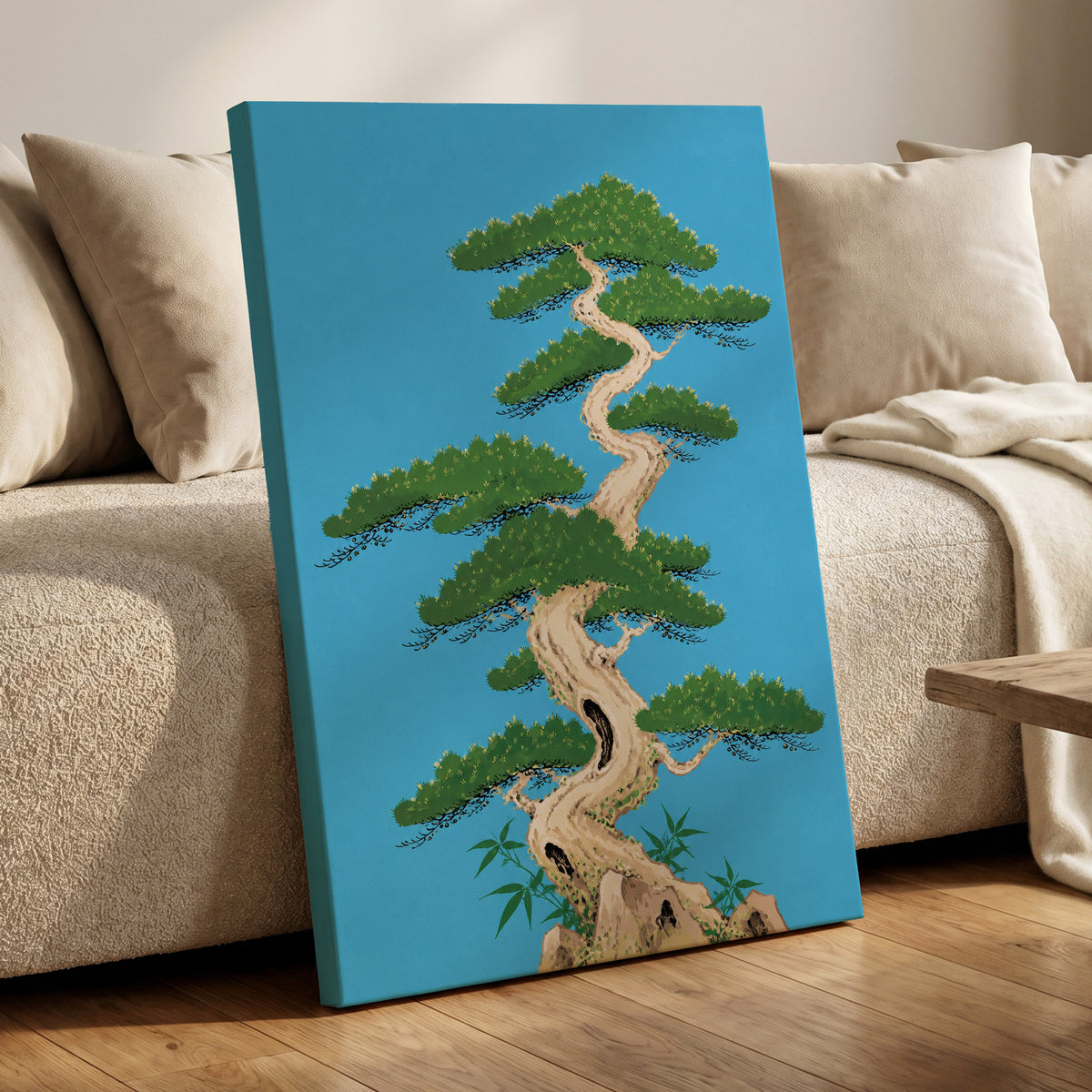 The Winding Pine, blue, green, beige nature wall art displayed in a styled interior, gallery view 7