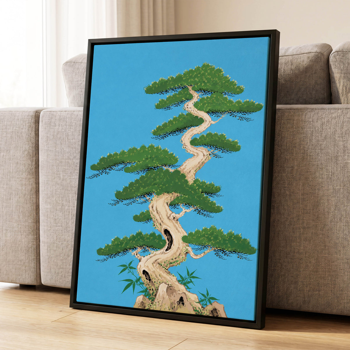 The Winding Pine, blue, green, beige nature wall art displayed in a styled interior, gallery view 8