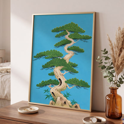 The Winding Pine, blue, green, beige nature wall art displayed in a styled interior, gallery view 9