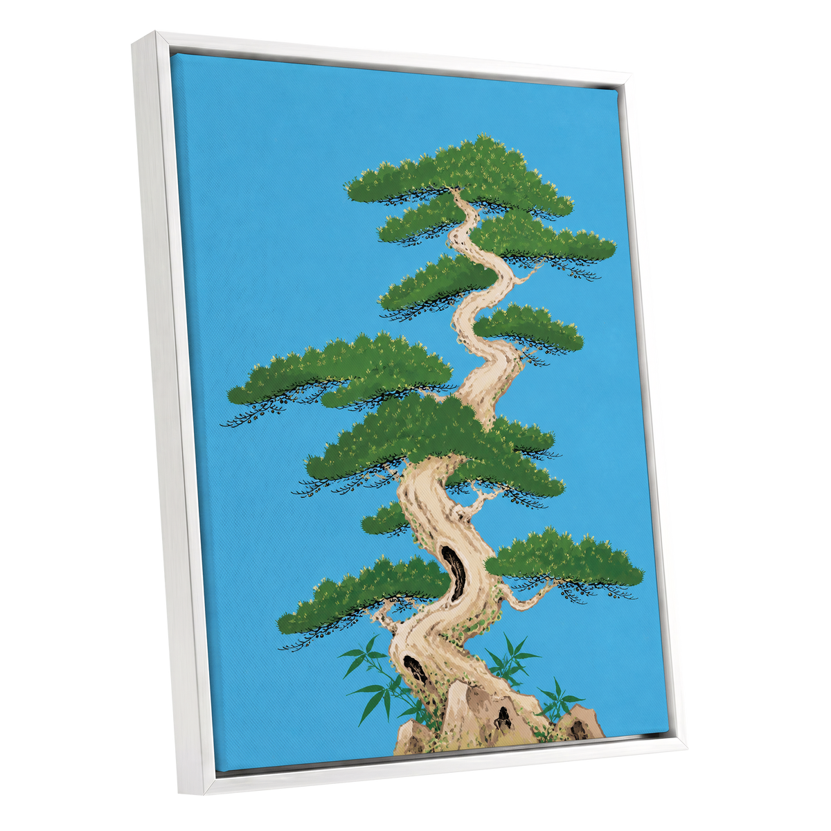The Winding Pine, blue, green, beige nature wall art shown as a white framed canvas wall art
