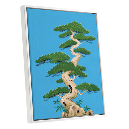 The Winding Pine, blue, green, beige nature wall art shown as a white framed canvas wall art