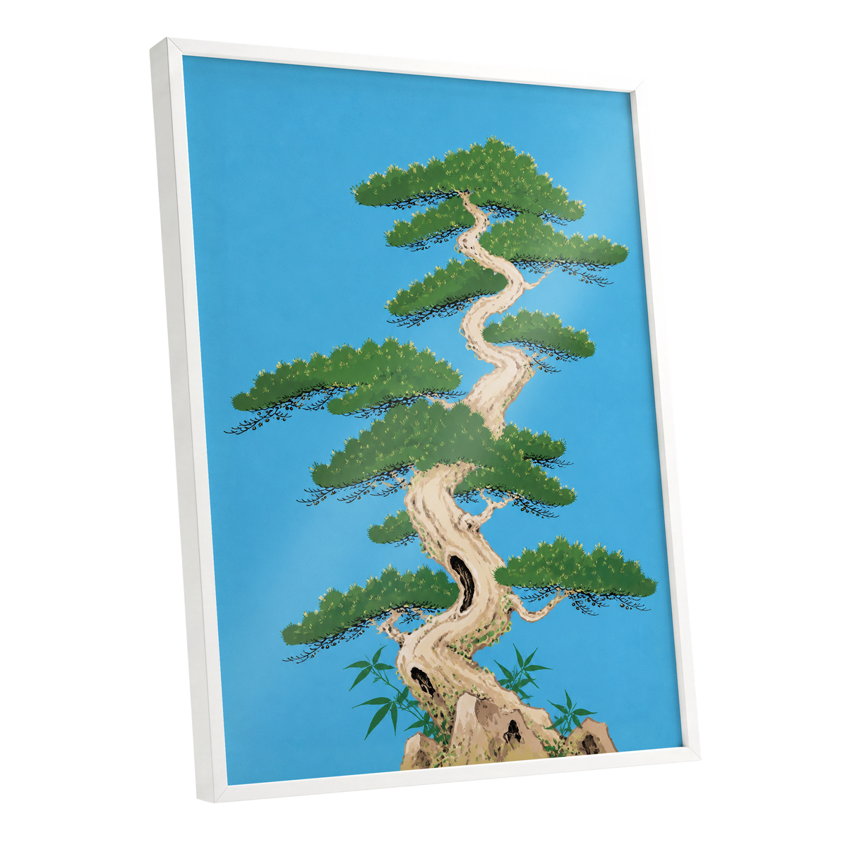 The Winding Pine, blue, green, beige nature wall art shown as a white framed poster wall art print