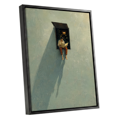 The Window Wanderer, green, beige, orange minimalist wall art shown as a black framed canvas wall art