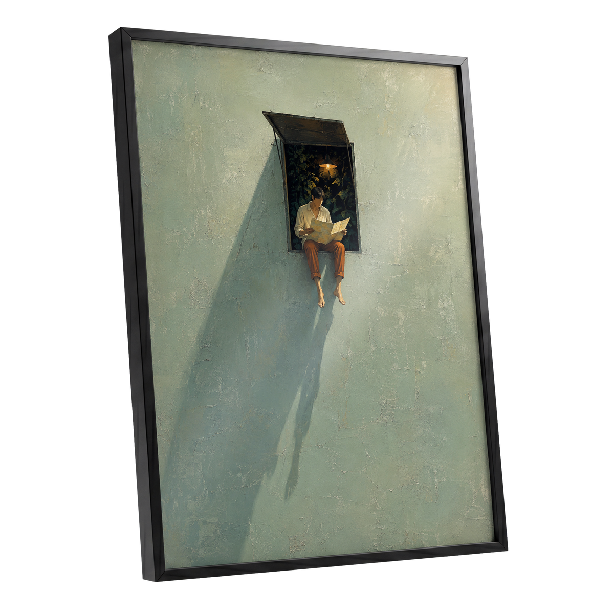 The Window Wanderer, green, beige, orange minimalist wall art shown as a black framed poster wall art print