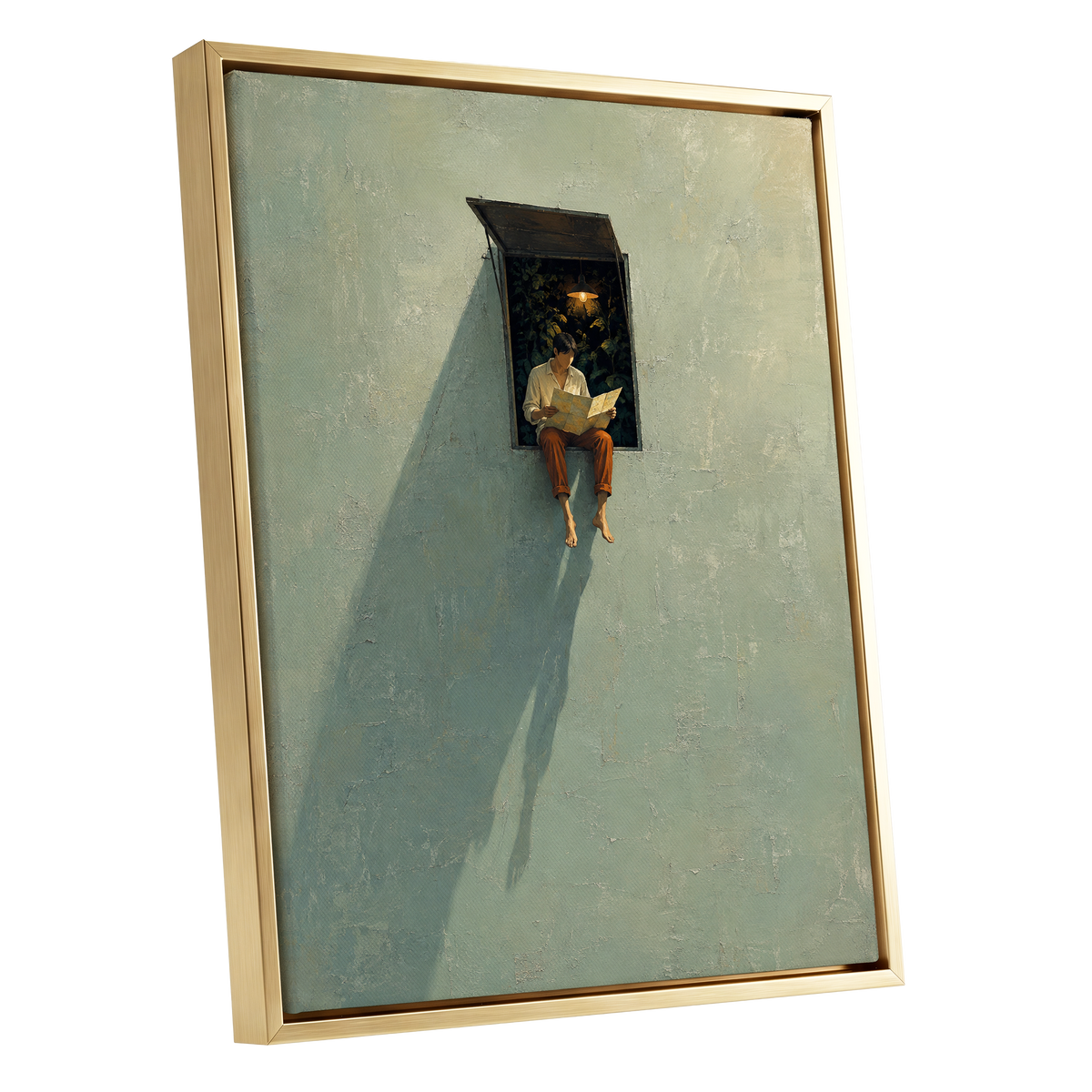 The Window Wanderer, green, beige, orange minimalist wall art shown as a gold framed canvas wall art