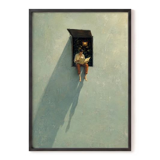 The Window Wanderer, green, beige, orange minimalist wall art, front artwork view