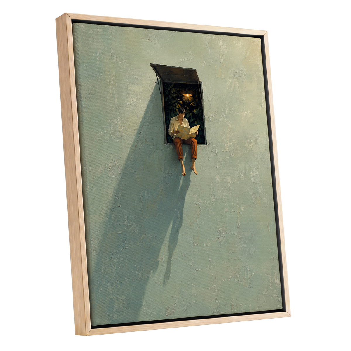 The Window Wanderer, green, beige, orange minimalist wall art shown as a oak framed canvas wall art