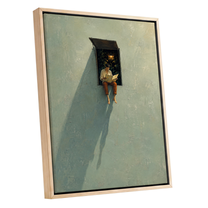 The Window Wanderer, green, beige, orange minimalist wall art shown as a oak framed canvas wall art