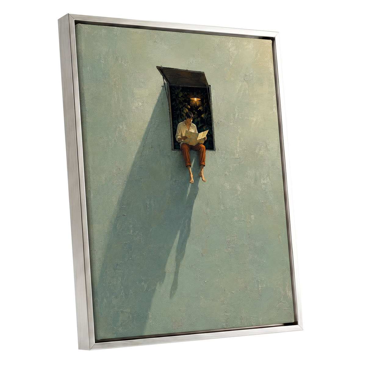 The Window Wanderer, green, beige, orange minimalist wall art shown as a silver framed canvas wall art