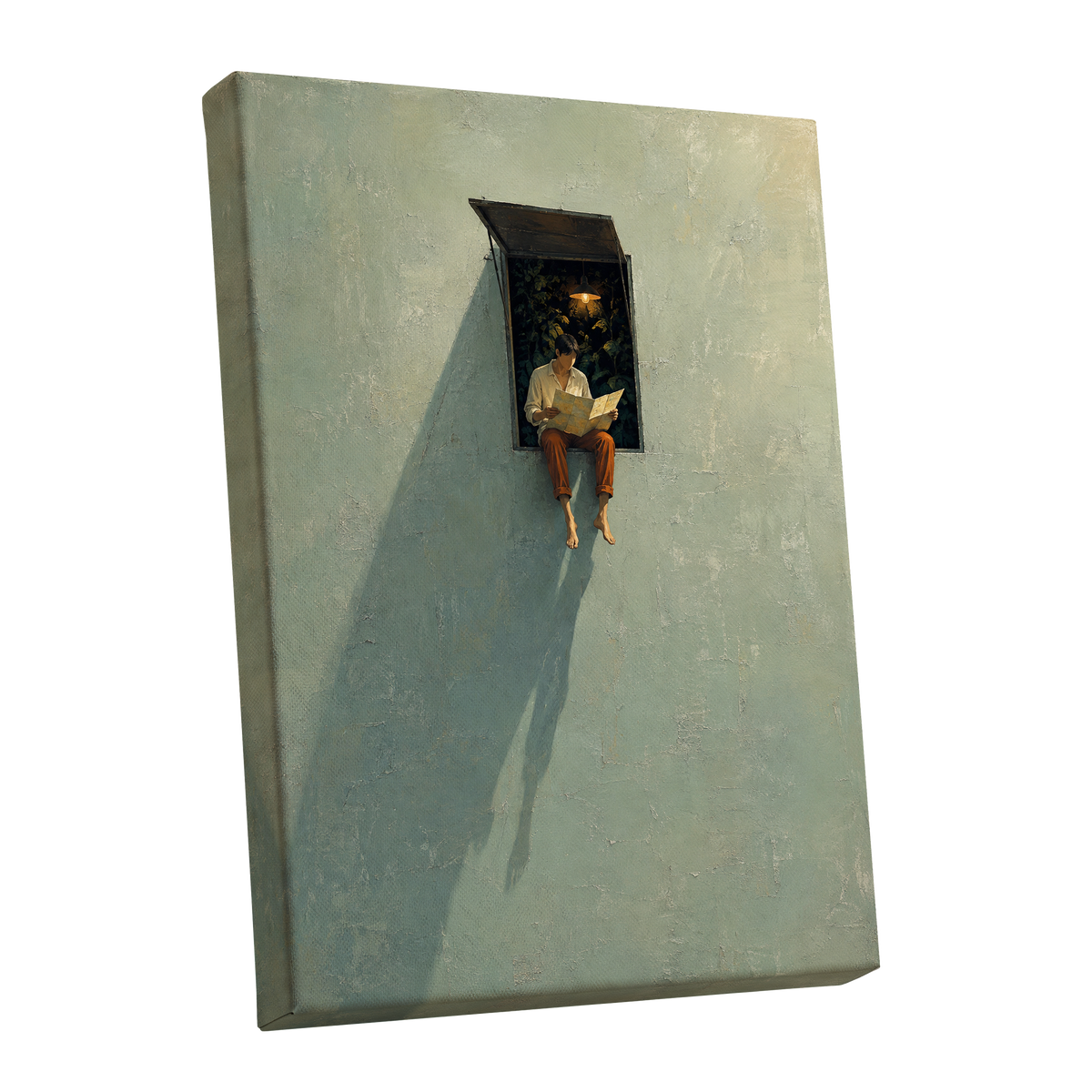 The Window Wanderer, green, beige, orange minimalist wall art shown as a stretched canvas wall art