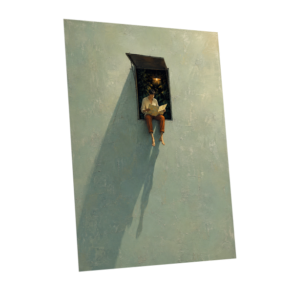 The Window Wanderer, green, beige, orange minimalist wall art shown as a unframed poster wall art print