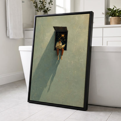 The Window Wanderer, green, beige, orange minimalist wall art displayed in a styled interior, gallery view 4