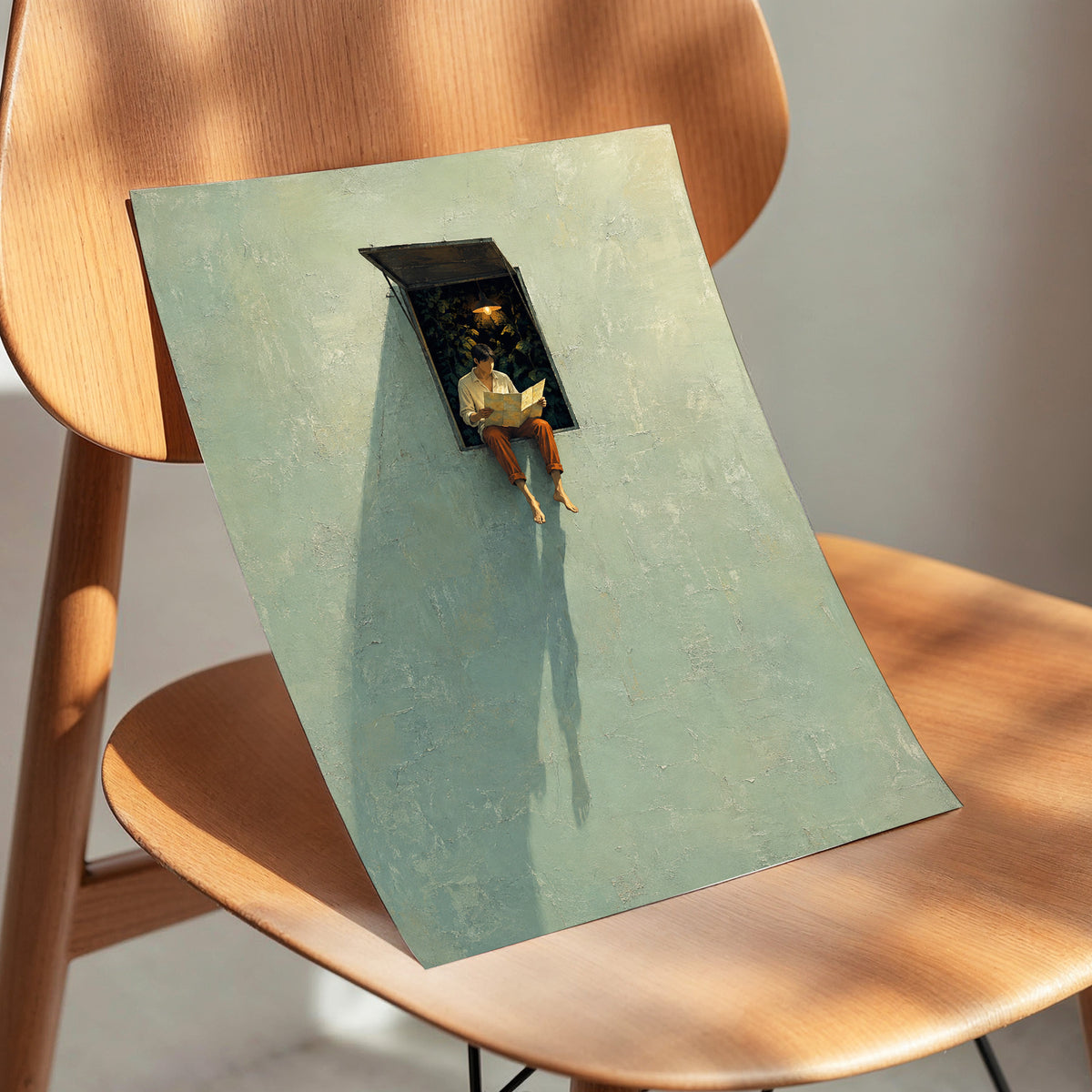 The Window Wanderer, green, beige, orange minimalist wall art displayed in a styled interior, gallery view 5