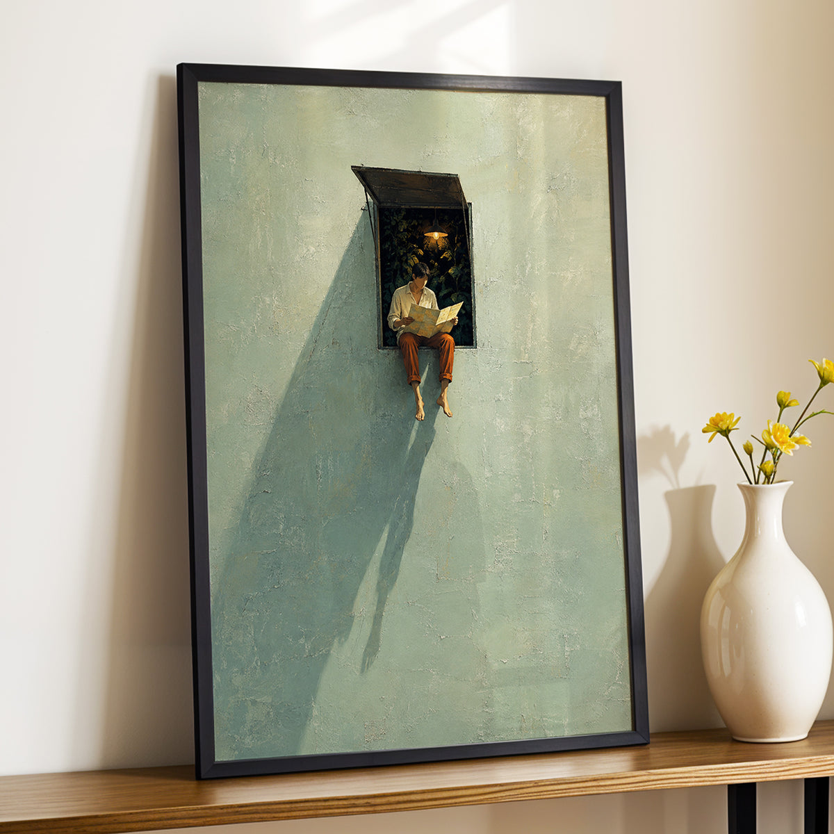 The Window Wanderer, green, beige, orange minimalist wall art displayed in a styled interior, gallery view 6