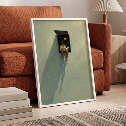 The Window Wanderer, green, beige, orange minimalist wall art displayed in a styled interior, gallery view 9