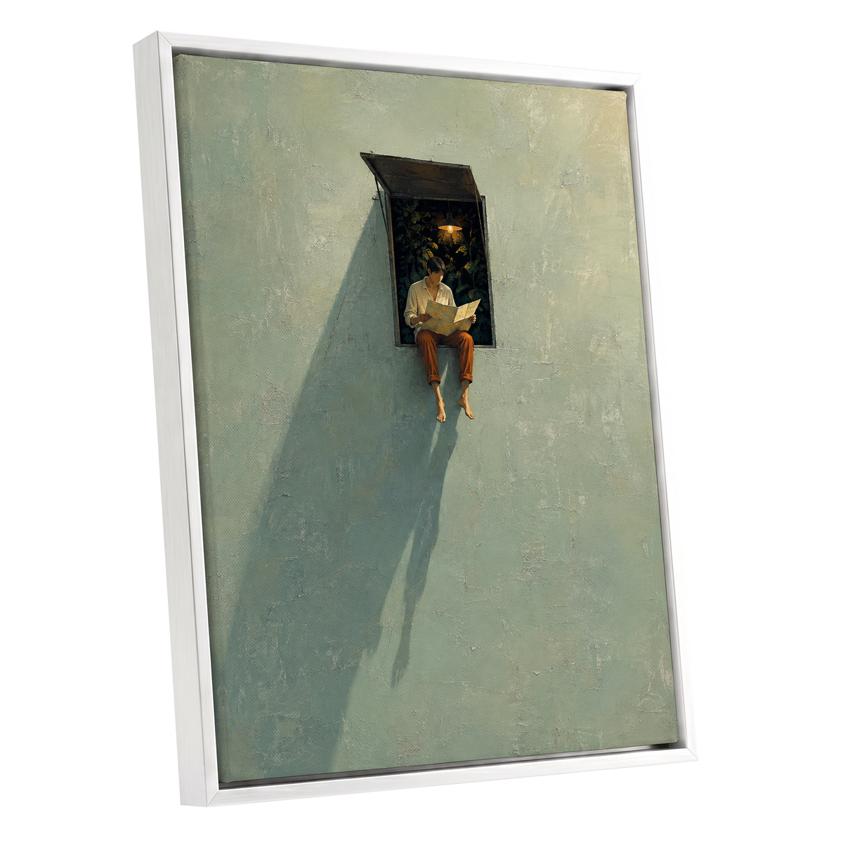 The Window Wanderer, green, beige, orange minimalist wall art shown as a white framed canvas wall art