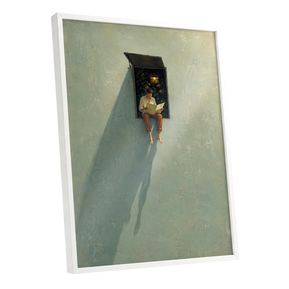 The Window Wanderer, green, beige, orange minimalist wall art shown as a white framed poster wall art print