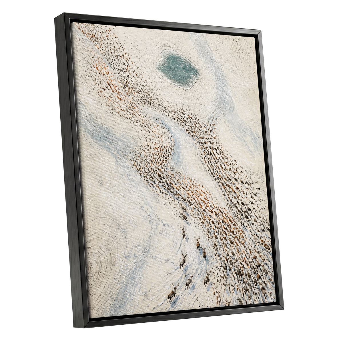 The Winter Procession, white, beige, blue nature wall art shown as a black framed canvas wall art