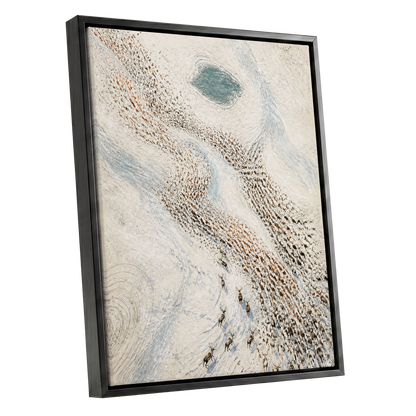 The Winter Procession, white, beige, blue nature wall art shown as a black framed canvas wall art
