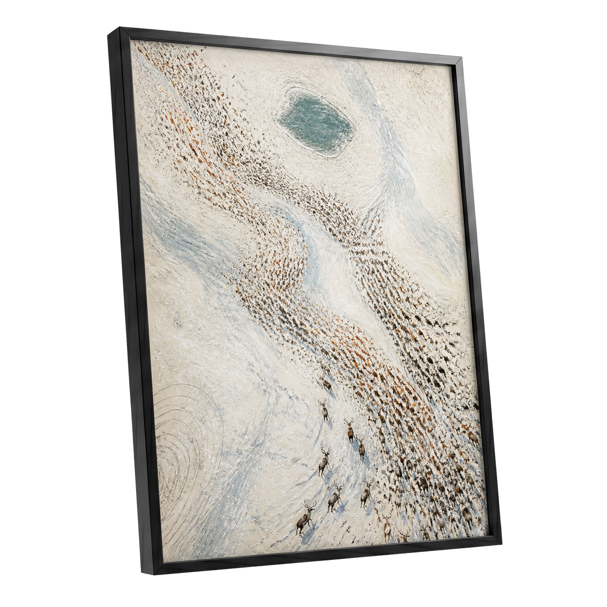 The Winter Procession, white, beige, blue nature wall art shown as a black framed poster wall art print