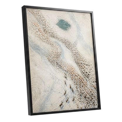 The Winter Procession, white, beige, blue nature wall art shown as a black framed poster wall art print
