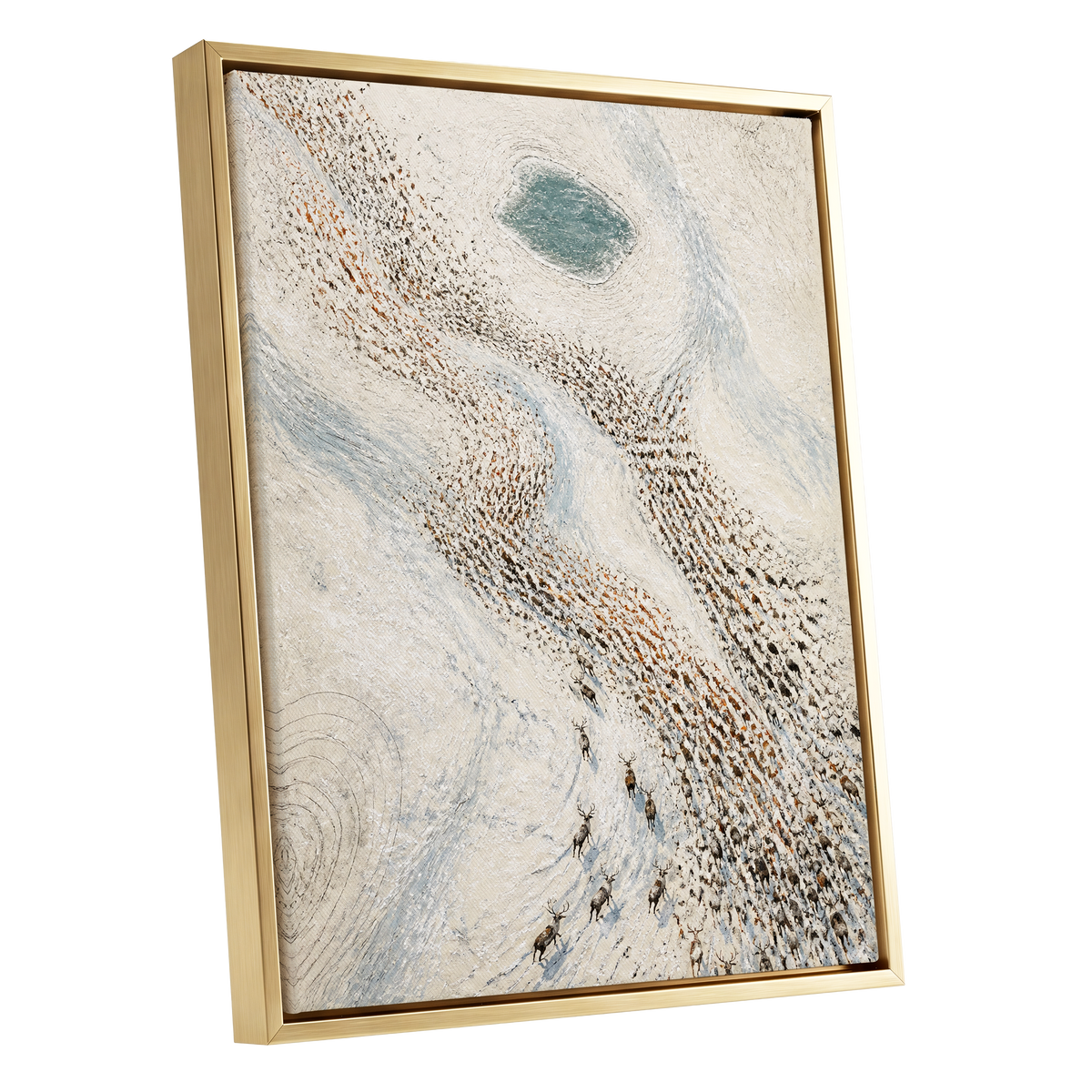 The Winter Procession, white, beige, blue nature wall art shown as a gold framed canvas wall art