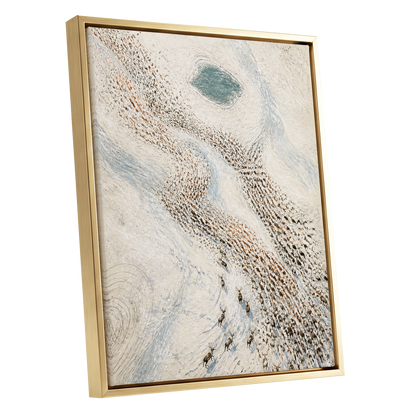 The Winter Procession, white, beige, blue nature wall art shown as a gold framed canvas wall art