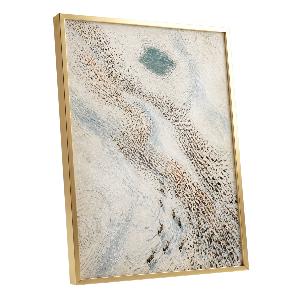 The Winter Procession, white, beige, blue nature wall art shown as a gold framed poster wall art print
