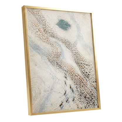 The Winter Procession, white, beige, blue nature wall art shown as a gold framed poster wall art print