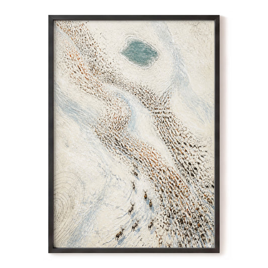 The Winter Procession, white, beige, blue nature wall art, front artwork view