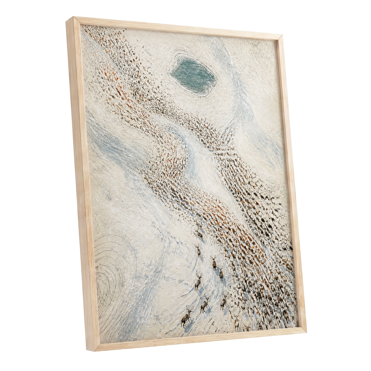 The Winter Procession, white, beige, blue nature wall art shown as a oak framed poster wall art print