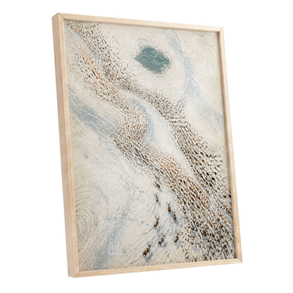 The Winter Procession, white, beige, blue nature wall art shown as a oak framed poster wall art print