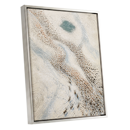 The Winter Procession, white, beige, blue nature wall art shown as a silver framed canvas wall art