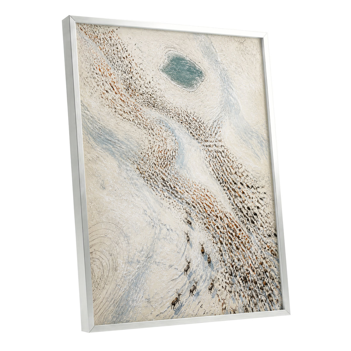 The Winter Procession, white, beige, blue nature wall art shown as a silver framed poster wall art print