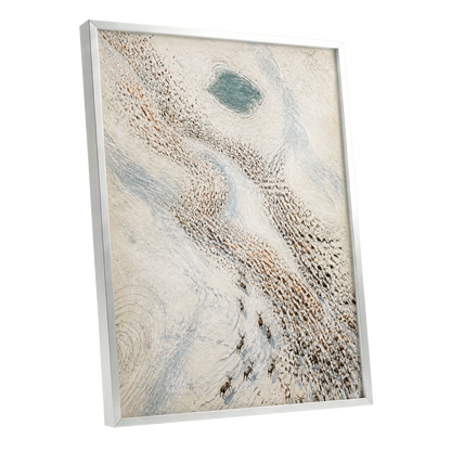 The Winter Procession, white, beige, blue nature wall art shown as a silver framed poster wall art print