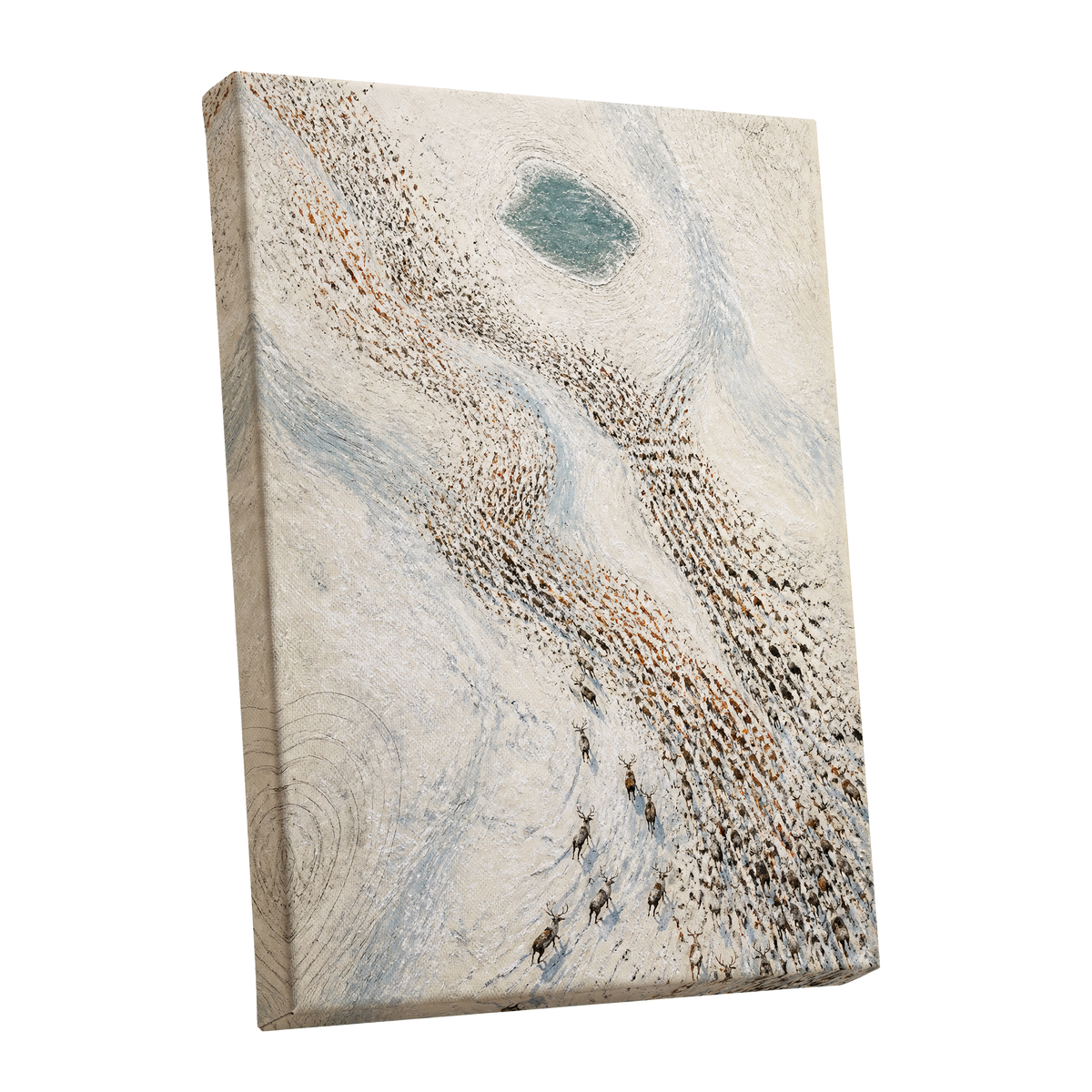 The Winter Procession, white, beige, blue nature wall art shown as a stretched canvas wall art