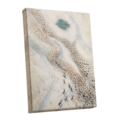 The Winter Procession, white, beige, blue nature wall art shown as a stretched canvas wall art