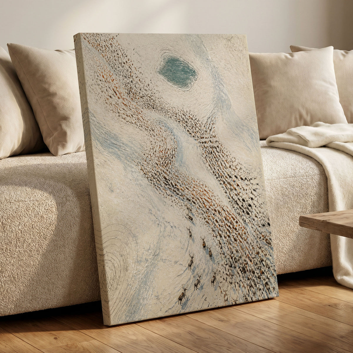 The Winter Procession, white, beige, blue nature wall art displayed in a styled interior, gallery view 3