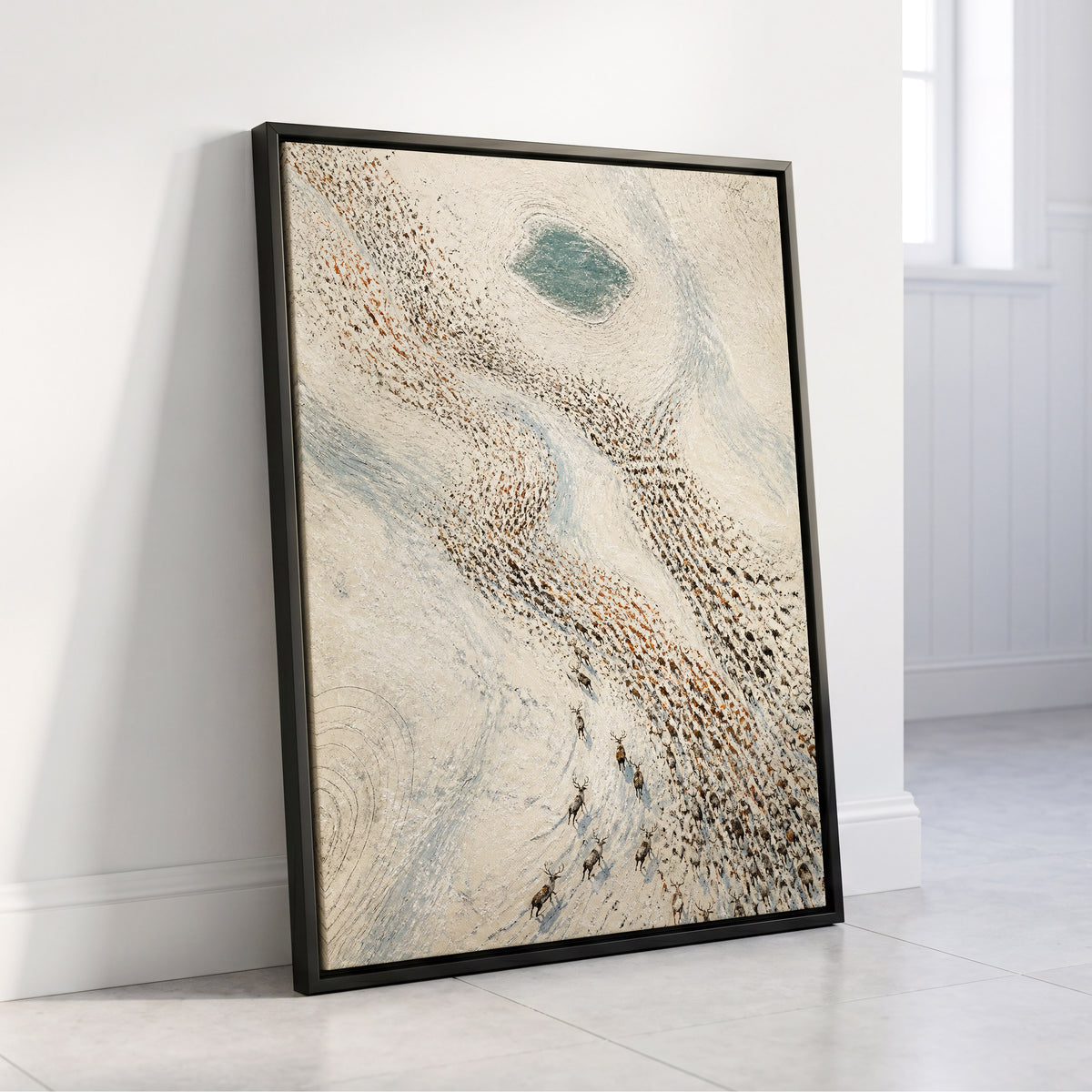 The Winter Procession, white, beige, blue nature wall art displayed in a styled interior, gallery view 4