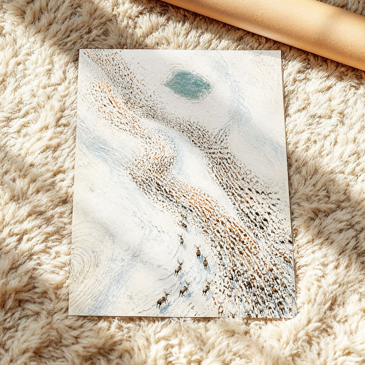 The Winter Procession, white, beige, blue nature wall art displayed in a styled interior, gallery view 5