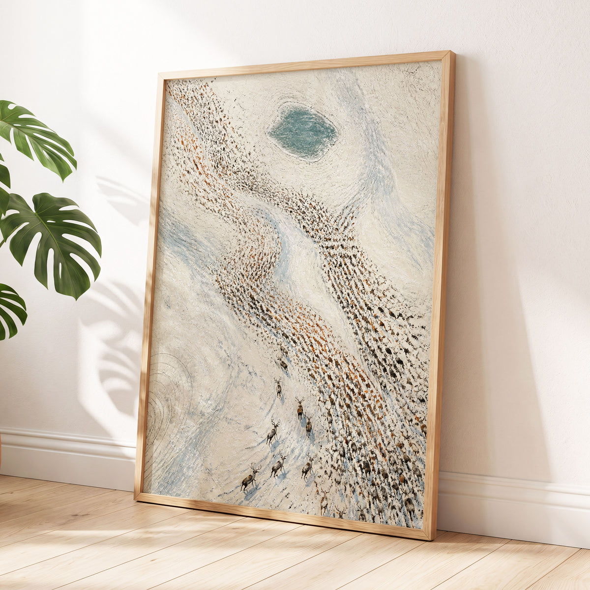 The Winter Procession, white, beige, blue nature wall art displayed in a styled interior, gallery view 6